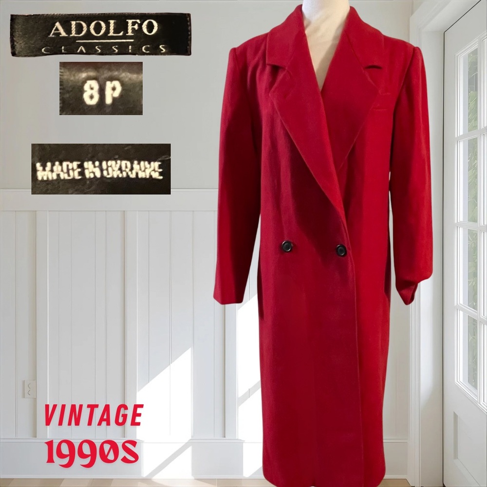 ADOLFO CLASSICS Vintage 90s Red 100% Wool Double Breasted Long Coat 8P Ukraine
